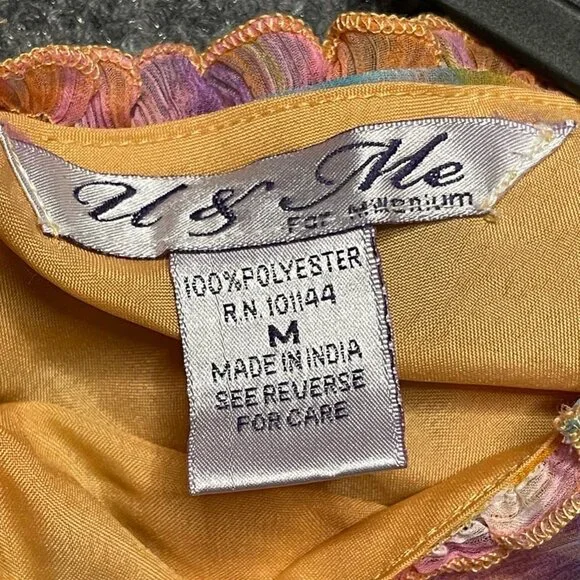 U & Me Womens A Line Dress Orange Abstract Short V Neck Sleeveless Ruffle M - Picture 2 of 7